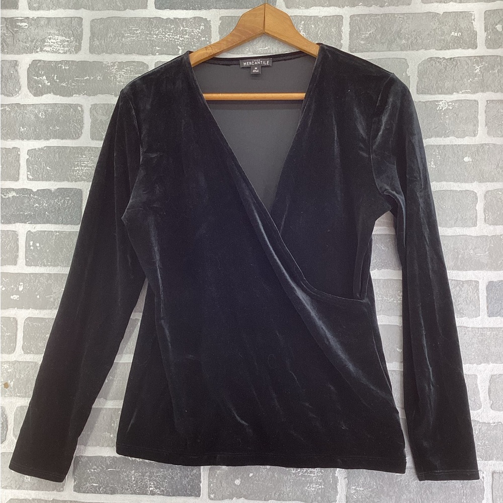 J Crew‎ Mercantile black velvet wrap neckline long sleeve top size medium